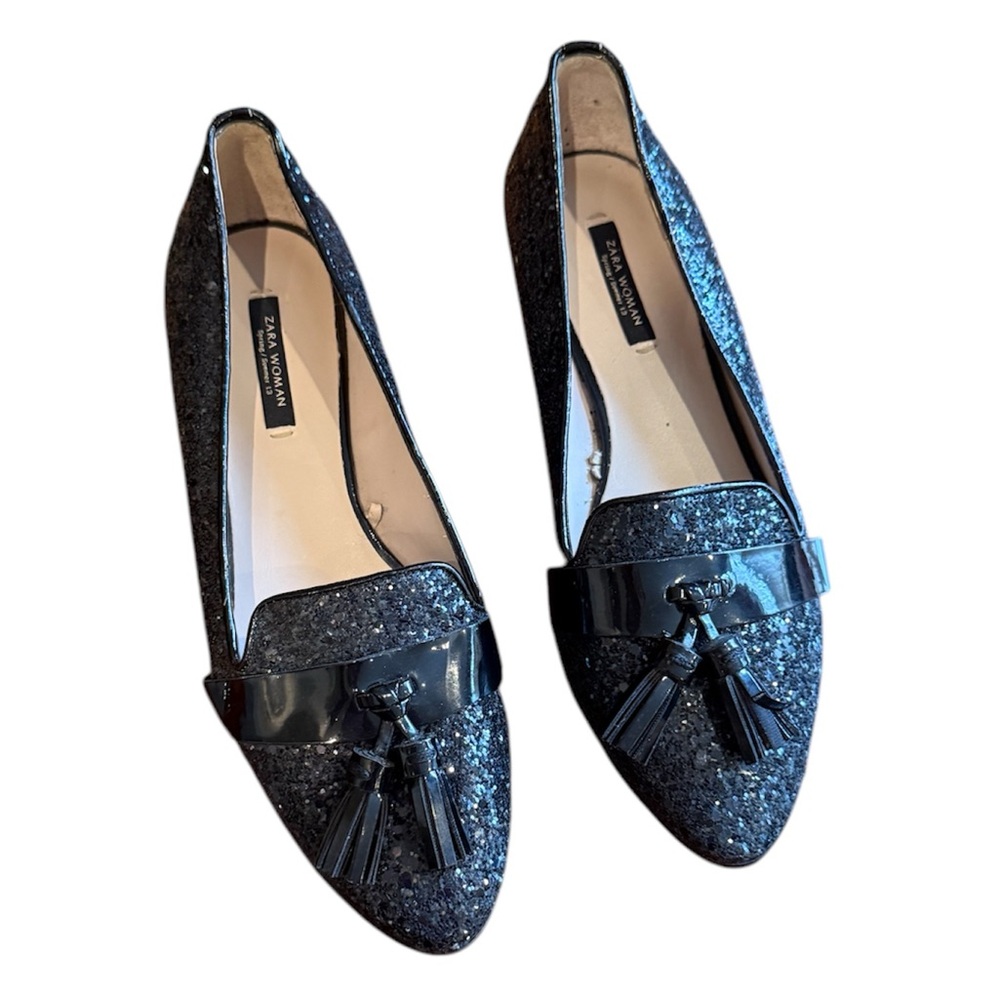NWOT Zara Woman Black Glitter Loafer flats with tassels(miumiu) Size 38/8